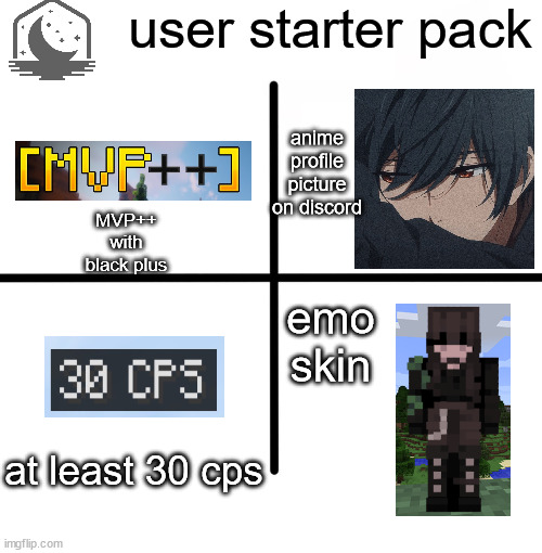 lunar client users be like | user starter pack; anime profile picture on discord; MVP++ with black plus; emo skin; at least 30 cps | image tagged in memes,blank starter pack | made w/ Imgflip meme maker