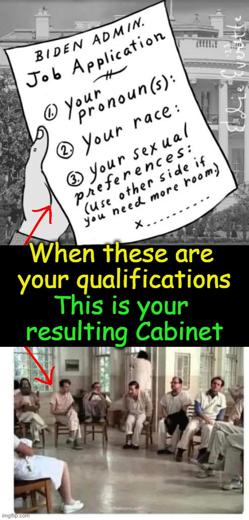 Sacrificing American Excellence, Merit & Exceptionalism . . . | When these are 
your qualifications; This is your 
resulting Cabinet | image tagged in politics,liberals vs conservatives,standards of excellence,merit,america,democrats | made w/ Imgflip meme maker