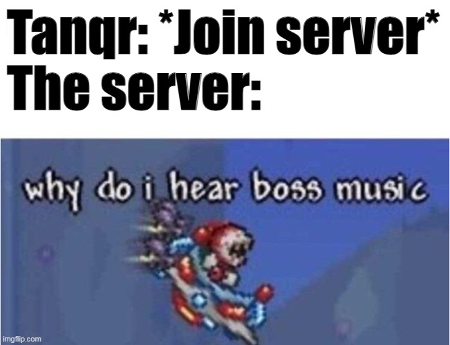 why do i hear boss music | Tanqr: *Join server*
The server: | image tagged in why do i hear boss music | made w/ Imgflip meme maker