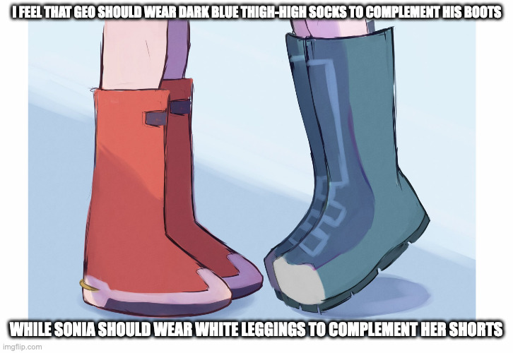 Geo and Sonia's Legs | I FEEL THAT GEO SHOULD WEAR DARK BLUE THIGH-HIGH SOCKS TO COMPLEMENT HIS BOOTS; WHILE SONIA SHOULD WEAR WHITE LEGGINGS TO COMPLEMENT HER SHORTS | image tagged in megaman,megaman star force,memes,geo stelar,sonia strumm | made w/ Imgflip meme maker