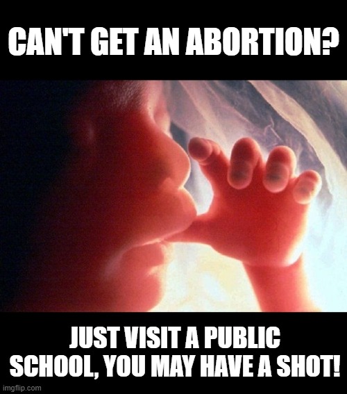 No Denial | CAN'T GET AN ABORTION? JUST VISIT A PUBLIC SCHOOL, YOU MAY HAVE A SHOT! | image tagged in abortion | made w/ Imgflip meme maker