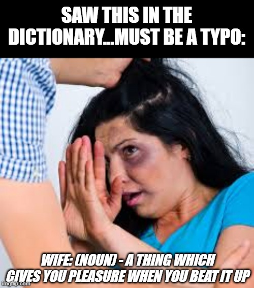 Webster's Really Messed Up | SAW THIS IN THE DICTIONARY...MUST BE A TYPO:; WIFE: (NOUN) - A THING WHICH GIVES YOU PLEASURE WHEN YOU BEAT IT UP | image tagged in abused | made w/ Imgflip meme maker