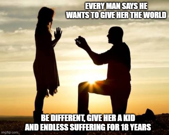 Be Real! | EVERY MAN SAYS HE WANTS TO GIVE HER THE WORLD; BE DIFFERENT, GIVE HER A KID AND ENDLESS SUFFERING FOR 18 YEARS | image tagged in proposal | made w/ Imgflip meme maker
