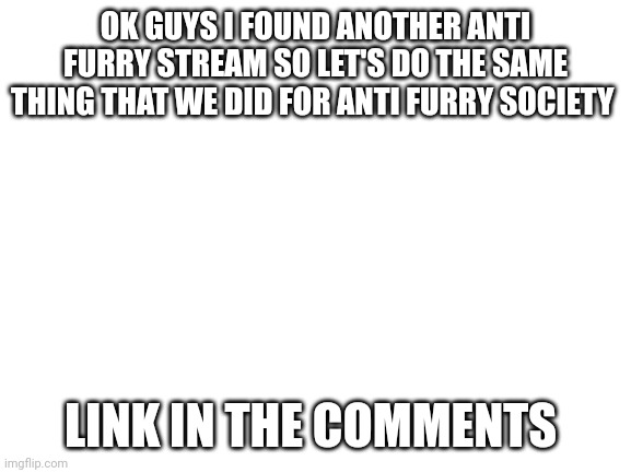 Blank White Template | OK GUYS I FOUND ANOTHER ANTI FURRY STREAM SO LET'S DO THE SAME THING THAT WE DID FOR ANTI FURRY SOCIETY; LINK IN THE COMMENTS | image tagged in blank white template | made w/ Imgflip meme maker
