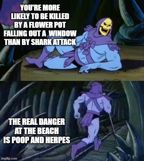 Skeletor disturbing facts | YOU'RE MORE LIKELY TO BE KILLED BY A FLOWER POT FALLING OUT A  WINDOW THAN BY SHARK ATTACK; THE REAL DANGER AT THE BEACH IS POOP AND HERPES | image tagged in skeletor disturbing facts | made w/ Imgflip meme maker