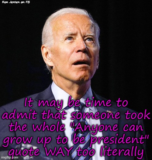 Anyone? | Ron Jensen on FB; It may be time to admit that someone took the whole "Anyone can grow up to be president" quote WAY too literally | image tagged in joe biden,sad joe biden,creepy joe biden,joe biden worries,president | made w/ Imgflip meme maker