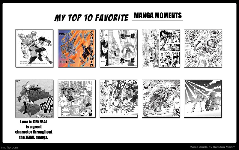 My Top 10 Favorite Manga Moments (most are from Yu-Gi-Oh!) | MANGA MOMENTS; Luna in GENERAL is a great character throughout the ZEXAL manga. | image tagged in my top 10 favorite meme,memes,manga,yugioh,street fighter | made w/ Imgflip meme maker