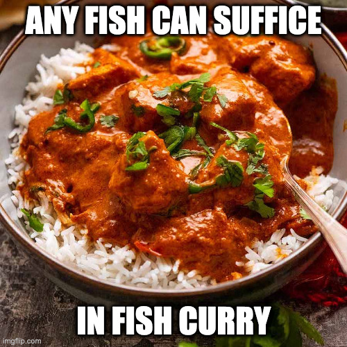 Fish Curry | ANY FISH CAN SUFFICE; IN FISH CURRY | image tagged in food,memes | made w/ Imgflip meme maker