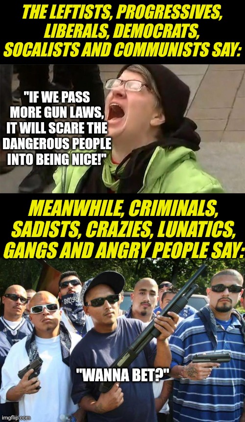 Liberal logic... two words that have no business being used in the same sentence | THE LEFTISTS, PROGRESSIVES, LIBERALS, DEMOCRATS, SOCALISTS AND COMMUNISTS SAY:; "IF WE PASS MORE GUN LAWS, IT WILL SCARE THE DANGEROUS PEOPLE INTO BEING NICE!"; MEANWHILE, CRIMINALS, SADISTS, CRAZIES, LUNATICS, GANGS AND ANGRY PEOPLE SAY:; "WANNA BET?" | image tagged in crying liberal,mexican gang,gun control,liberal logic,liberal hypocrisy,violence | made w/ Imgflip meme maker