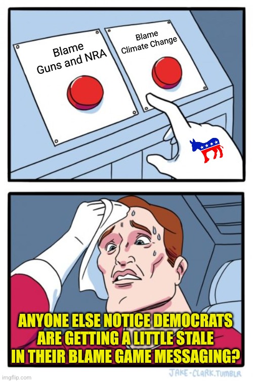Democrats are getting kinda same-ish.... | Blame Climate Change; Blame Guns and NRA; ANYONE ELSE NOTICE DEMOCRATS ARE GETTING A LITTLE STALE IN THEIR BLAME GAME MESSAGING? | image tagged in memes,two buttons,democrats,stupid liberals,climate change,gun control | made w/ Imgflip meme maker