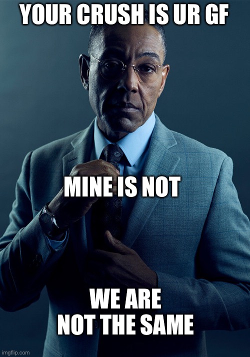 Gus Fring we are not the same | YOUR CRUSH IS UR GF MINE IS NOT WE ARE NOT THE SAME | image tagged in gus fring we are not the same | made w/ Imgflip meme maker