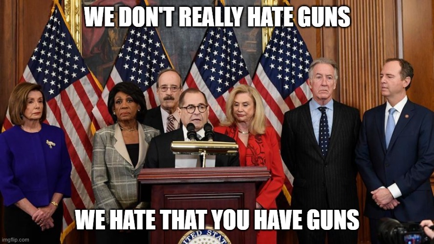 House Democrats | WE DON'T REALLY HATE GUNS; WE HATE THAT YOU HAVE GUNS | image tagged in house democrats | made w/ Imgflip meme maker