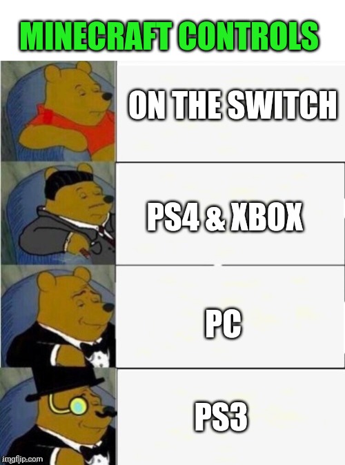 MAYBE I'M JUST SO USED TO IT, BUT I LOVE MINECRAFT ON PS3 | MINECRAFT CONTROLS; ON THE SWITCH; PS4 & XBOX; PC; PS3 | image tagged in tuxedo winnie the pooh 4 panel,minecraft,minecraft memes | made w/ Imgflip meme maker