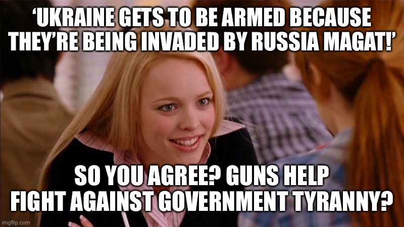 Gun grabber logic is so flawed | ‘UKRAINE GETS TO BE ARMED BECAUSE THEY’RE BEING INVADED BY RUSSIA MAGAT!’; SO YOU AGREE? GUNS HELP FIGHT AGAINST GOVERNMENT TYRANNY? | image tagged in so you agree | made w/ Imgflip meme maker