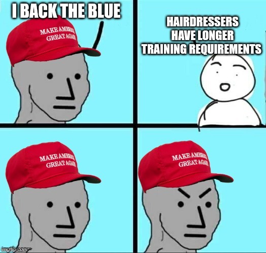 Thin blue line? More like thick yellow line | HAIRDRESSERS HAVE LONGER TRAINING REQUIREMENTS; I BACK THE BLUE | image tagged in maga npc | made w/ Imgflip meme maker