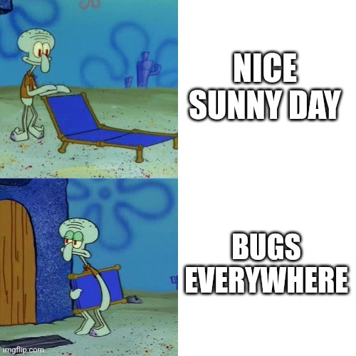 Squidward chair |  NICE SUNNY DAY; BUGS EVERYWHERE | image tagged in squidward chair,relateable,relax,me time,nope | made w/ Imgflip meme maker