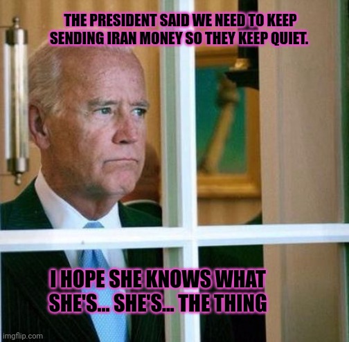 Sad Joe Biden | THE PRESIDENT SAID WE NEED TO KEEP SENDING IRAN MONEY SO THEY KEEP QUIET. I HOPE SHE KNOWS WHAT SHE'S... SHE'S... THE THING | image tagged in sad joe biden | made w/ Imgflip meme maker