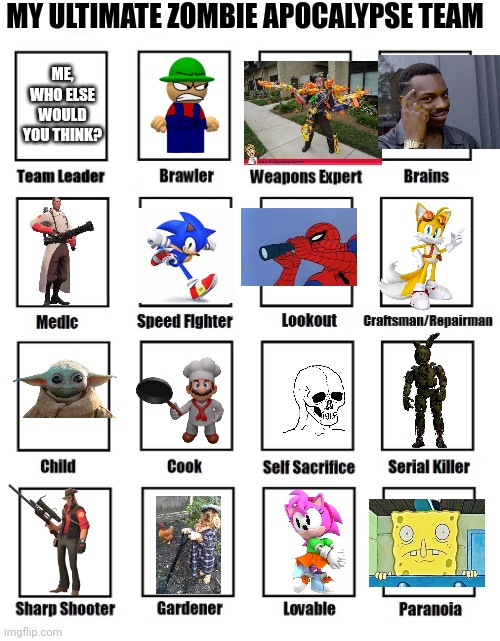 My Ultimate Zombie Apocalypse Team! | MY ULTIMATE ZOMBIE APOCALYPSE TEAM; ME, WHO ELSE WOULD YOU THINK? | image tagged in my zombie apocalypse team,ultimate,dave and bambi,fnaf 3,the mandalorian,oh no | made w/ Imgflip meme maker