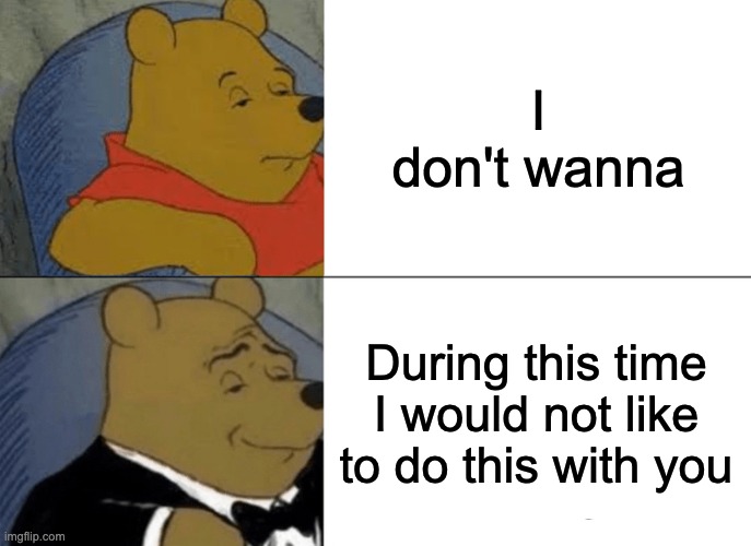 Tuxedo Winnie The Pooh Meme | I don't wanna; During this time I would not like to do this with you | image tagged in memes,tuxedo winnie the pooh | made w/ Imgflip meme maker