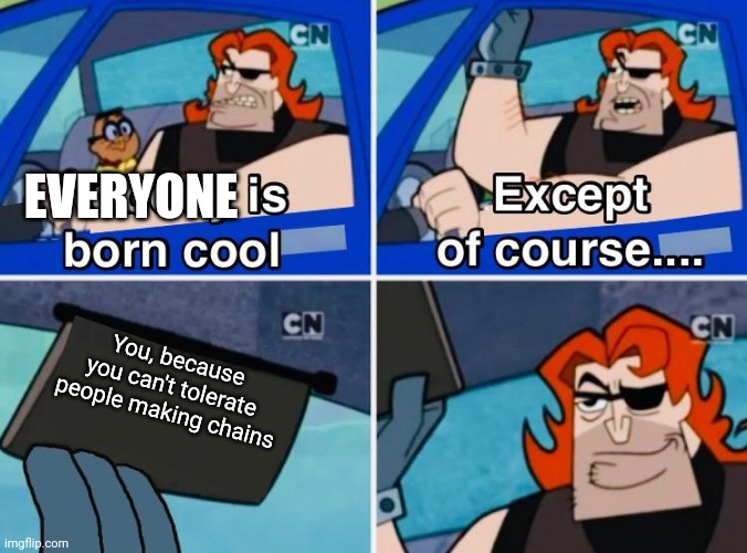 Nobody is born cool | EVERYONE; You, because you can't tolerate people making chains | image tagged in nobody is born cool | made w/ Imgflip meme maker