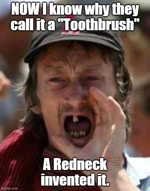 Toothbrush |  NOW I know why they call it a "Toothbrush"; A Redneck invented it. | image tagged in toothless alabama,redneck,invented toothbrush | made w/ Imgflip meme maker
