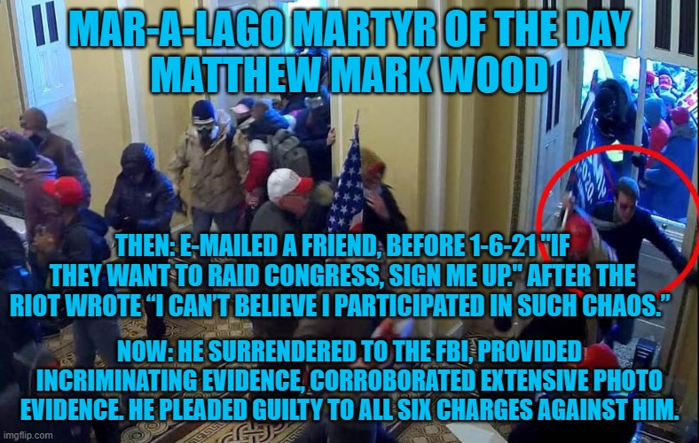 Guilty on all charges!  Says who?  Says he! | MAR-A-LAGO MARTYR OF THE DAY
MATTHEW MARK WOOD; THEN: E-MAILED A FRIEND, BEFORE 1-6-21 "IF THEY WANT TO RAID CONGRESS, SIGN ME UP." AFTER THE RIOT WROTE “I CAN’T BELIEVE I PARTICIPATED IN SUCH CHAOS.”; NOW: HE SURRENDERED TO THE FBI, PROVIDED INCRIMINATING EVIDENCE, CORROBORATED EXTENSIVE PHOTO EVIDENCE. HE PLEADED GUILTY TO ALL SIX CHARGES AGAINST HIM. | image tagged in politics | made w/ Imgflip meme maker