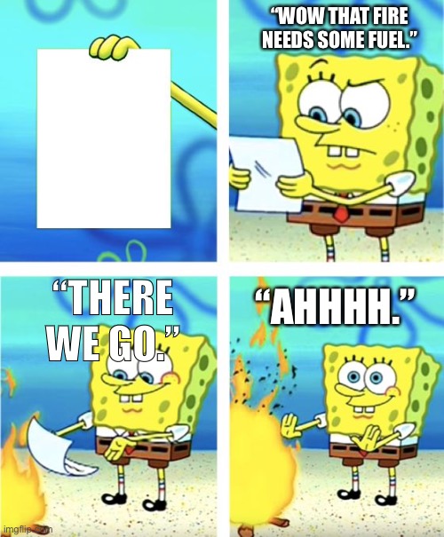 Anti-meme | “WOW THAT FIRE NEEDS SOME FUEL.”; “THERE WE GO.”; “AHHHH.” | image tagged in spongebob burning paper | made w/ Imgflip meme maker