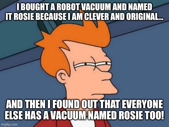 Futurama Fry Meme | I BOUGHT A ROBOT VACUUM AND NAMED IT ROSIE BECAUSE I AM CLEVER AND ORIGINAL…; AND THEN I FOUND OUT THAT EVERYONE ELSE HAS A VACUUM NAMED ROSIE TOO! | image tagged in memes,futurama fry | made w/ Imgflip meme maker