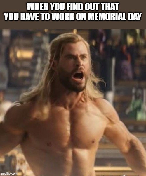 When You Have To Work On Memorial Day |  WHEN YOU FIND OUT THAT YOU HAVE TO WORK ON MEMORIAL DAY | image tagged in work,memorial day,thor,chris hemsworth,shirtless,memes | made w/ Imgflip meme maker