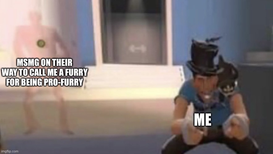 Scout laughing with spy behind him | MSMG ON THEIR WAY TO CALL ME A FURRY FOR BEING PRO-FURRY ME | image tagged in scout laughing with spy behind him | made w/ Imgflip meme maker