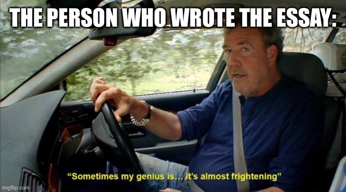 THE PERSON WHO WROTE THE ESSAY: | image tagged in sometimes my genius is it's almost frightening | made w/ Imgflip meme maker