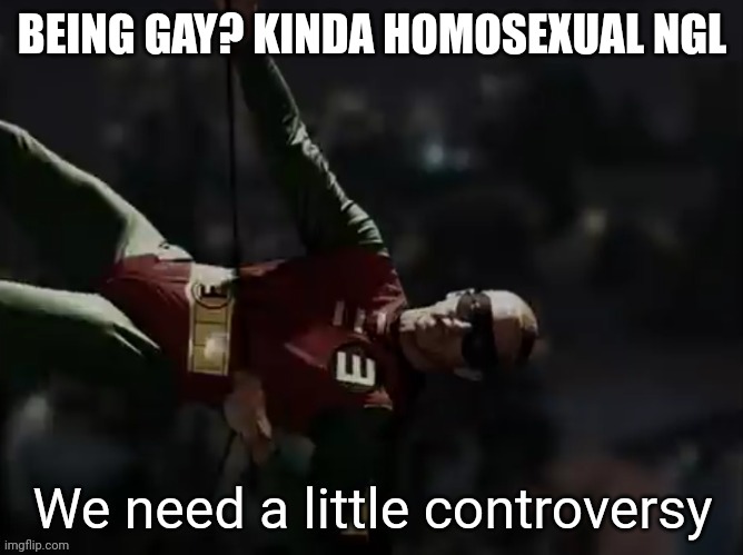We need a little controversy | BEING GAY? KINDA HOMOSEXUAL NGL | image tagged in we need a little controversy | made w/ Imgflip meme maker