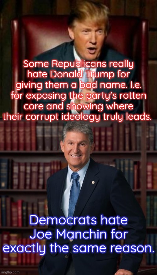 He's just too blatant. | Some Republicans really hate Donald Trump for giving them a bad name. I.e. for exposing the party's rotten core and showing where their corrupt ideology truly leads. Democrats hate Joe Manchin for exactly the same reason. | image tagged in donald trump,manchin,corporate greed,civil rights,climate change | made w/ Imgflip meme maker