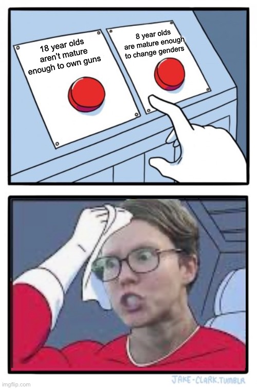 Two Buttons Meme | 8 year olds are mature enough to change genders; 18 year olds aren’t mature enough to own guns | image tagged in memes,two buttons,politics | made w/ Imgflip meme maker