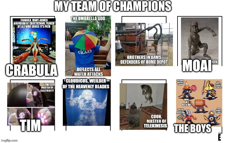 Some of them you can't see very well so I'll put the names in the comments | MOAI; CRABULA; CLOUDICUS, WEILDER OF THE HEAVENLY BLADES; TIM; TELEKINESIS; THE BOYS | image tagged in team of champions | made w/ Imgflip meme maker