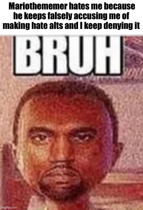 Why | Mariothememer hates me because he keeps falsely accusing me of making hate alts and I keep denying it | image tagged in bruh face | made w/ Imgflip meme maker