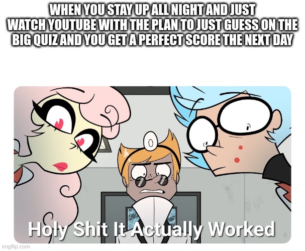 Holy shit |  WHEN YOU STAY UP ALL NIGHT AND JUST WATCH YOUTUBE WITH THE PLAN TO JUST GUESS ON THE BIG QUIZ AND YOU GET A PERFECT SCORE THE NEXT DAY | image tagged in holy shit | made w/ Imgflip meme maker