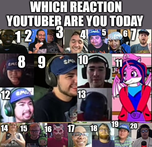 WHICH REACTION YOUTUBER ARE YOU TODAY; 3; 2; 7; 1; 5; 4; 6; 9; 10; 8; 11; 12; 13; 19; 14; 15; 17; 18; 20; 16 | made w/ Imgflip meme maker