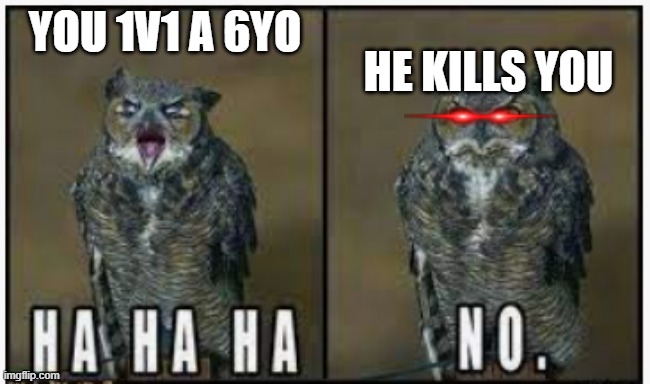 Oh sh- | HE KILLS YOU; YOU 1V1 A 6YO | image tagged in hahaha no | made w/ Imgflip meme maker