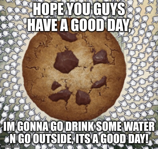 HOPE YOU GUYS HAVE A GOOD DAY, IM GONNA GO DRINK SOME WATER N GO OUTSIDE, ITS A GOOD DAY! | image tagged in cookie | made w/ Imgflip meme maker