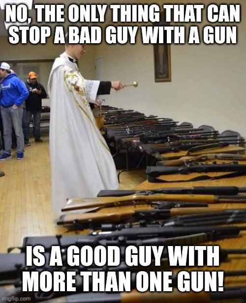 Gun Nuts | NO, THE ONLY THING THAT CAN
STOP A BAD GUY WITH A GUN IS A GOOD GUY WITH
MORE THAN ONE GUN! | image tagged in gun nuts | made w/ Imgflip meme maker