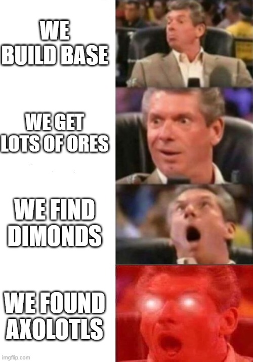 Minecraft be like | WE BUILD BASE; WE GET LOTS OF ORES; WE FIND DIMONDS; WE FOUND AXOLOTLS | image tagged in mr mcmahon reaction | made w/ Imgflip meme maker