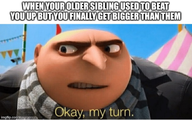 I regret nothing |  WHEN YOUR OLDER SIBLING USED TO BEAT YOU UP BUT YOU FINALLY GET BIGGER THAN THEM | image tagged in okay my turn,gru meme,relatable,siblings,justice | made w/ Imgflip meme maker
