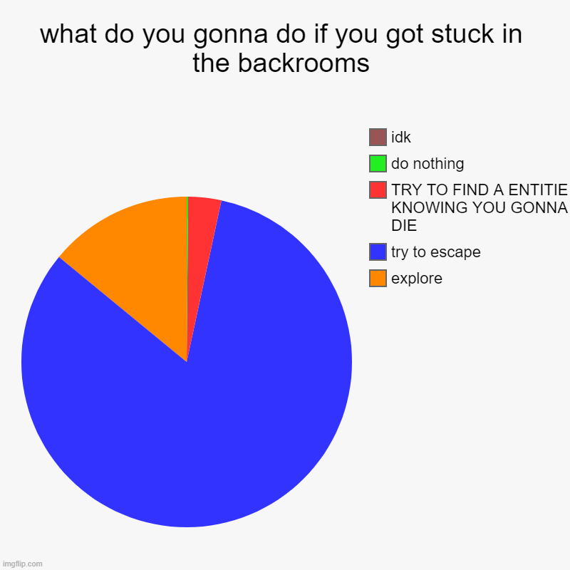 what do you gonna do if you got stuck in the backrooms | explore, try to escape , TRY TO FIND A ENTITIE KNOWING YOU GONNA DIE, do nothing ,  | image tagged in charts,pie charts,the backrooms | made w/ Imgflip chart maker