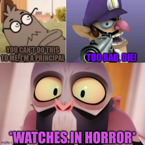 Waluigi shoots Nigel Brown while Miss Simian watches in horror.mp3 | YOU CAN'T DO THIS TO ME, I'M A PRINCIPAL; TOO BAD, DIE! *WATCHES IN HORROR* | image tagged in waluigi,tawog,the amazing world of gumball | made w/ Imgflip meme maker