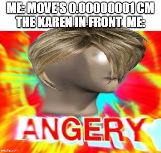 Surreal Angery | ME: MOVE'S 0.00000001 CM
THE KAREN IN FRONT  ME: | image tagged in surreal angery,karen | made w/ Imgflip meme maker