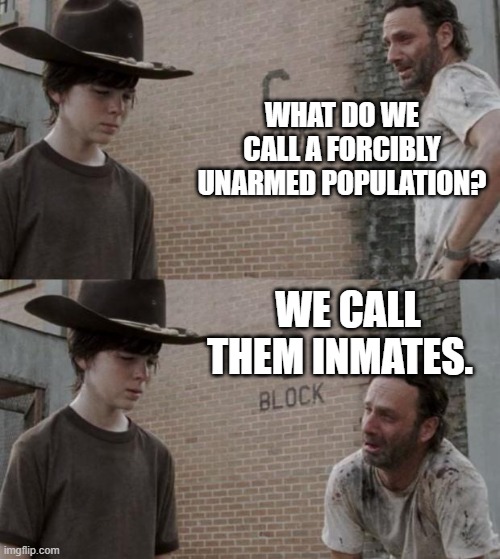Go ahead . . . listen to leftists.  Have they EVER steered this nation wrong? | WHAT DO WE CALL A FORCIBLY UNARMED POPULATION? WE CALL THEM INMATES. | image tagged in rick and carl | made w/ Imgflip meme maker