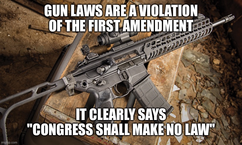 Bans off my everything! | GUN LAWS ARE A VIOLATION OF THE FIRST AMENDMENT; IT CLEARLY SAYS "CONGRESS SHALL MAKE NO LAW" | image tagged in assault rifle | made w/ Imgflip meme maker