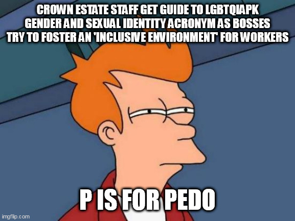 Futurama Fry Meme | CROWN ESTATE STAFF GET GUIDE TO LGBTQIAPK GENDER AND SEXUAL IDENTITY ACRONYM AS BOSSES TRY TO FOSTER AN 'INCLUSIVE ENVIRONMENT' FOR WORKERS; P IS FOR PEDO | image tagged in memes,futurama fry | made w/ Imgflip meme maker