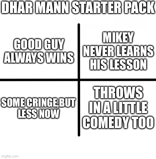 Blank Starter Pack Meme | DHAR MANN STARTER PACK; MIKEY NEVER LEARNS HIS LESSON; GOOD GUY ALWAYS WINS; SOME CRINGE,BUT LESS NOW; THROWS IN A LITTLE COMEDY TOO | image tagged in memes,blank starter pack | made w/ Imgflip meme maker